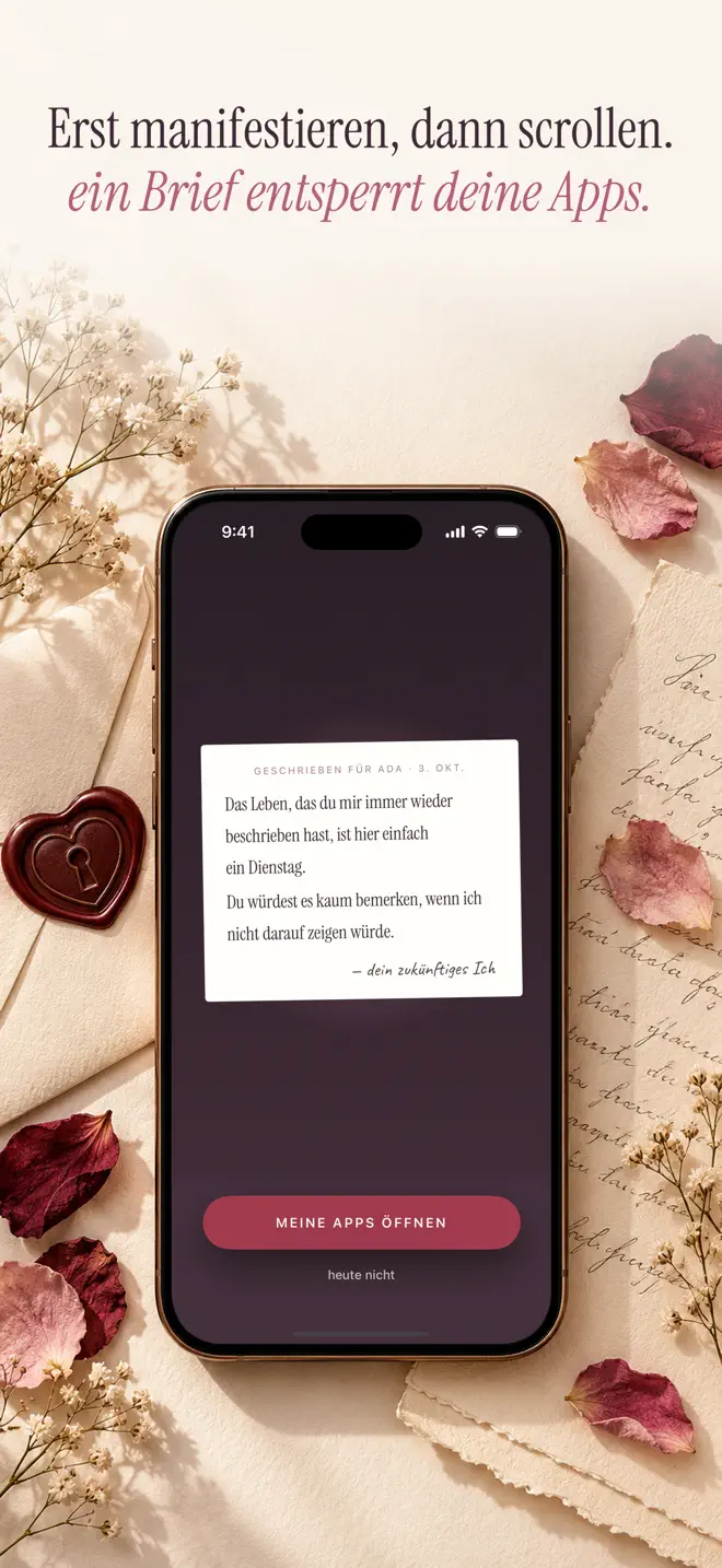 Ein Brief von deinem zukünftigen Ich auf Veras Bildschirm für versiegelte Apps